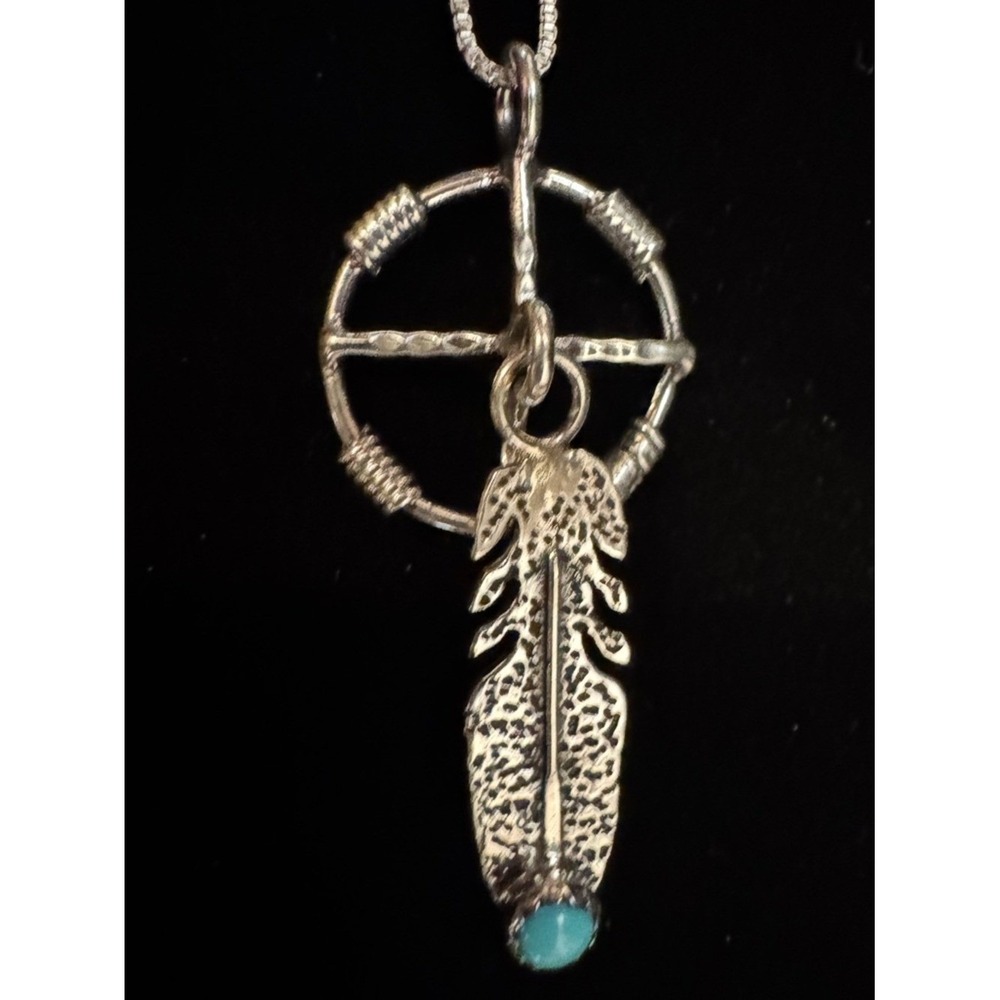 Sterling Silver Feather Dreamcatcher Pendant Necklace with Turquoise Accent